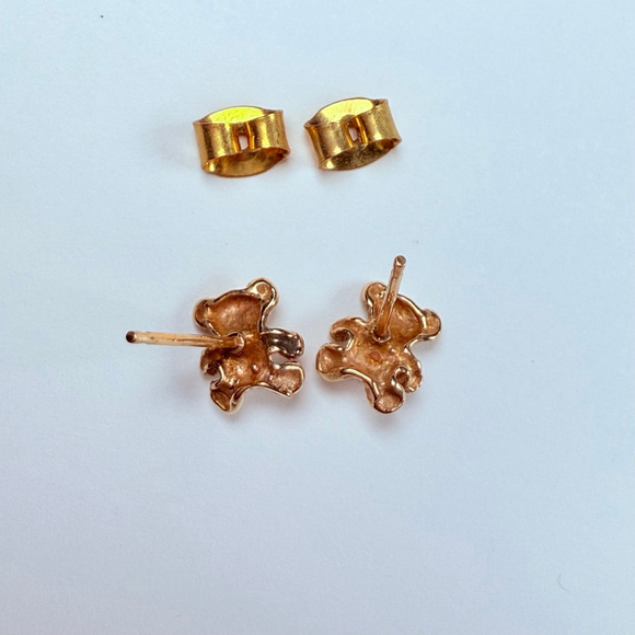 14K Solid Yellow Gold Genuine Diamond Solitaire Teddy Bear Stud Earrings - Picture 4 of 9